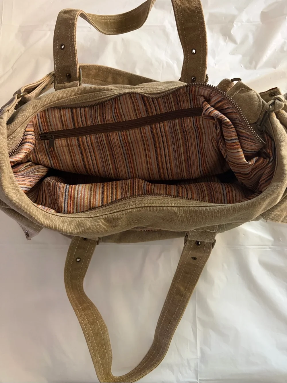 Khaki Canvas Utility Tote Bag | Multi Pocket Shoulder Bag